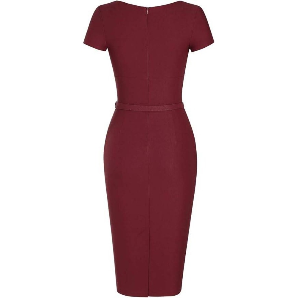 MUXXN Vintage Pencil Dress Women Large Burgundy Pleated 1950s Rockabilly Belted